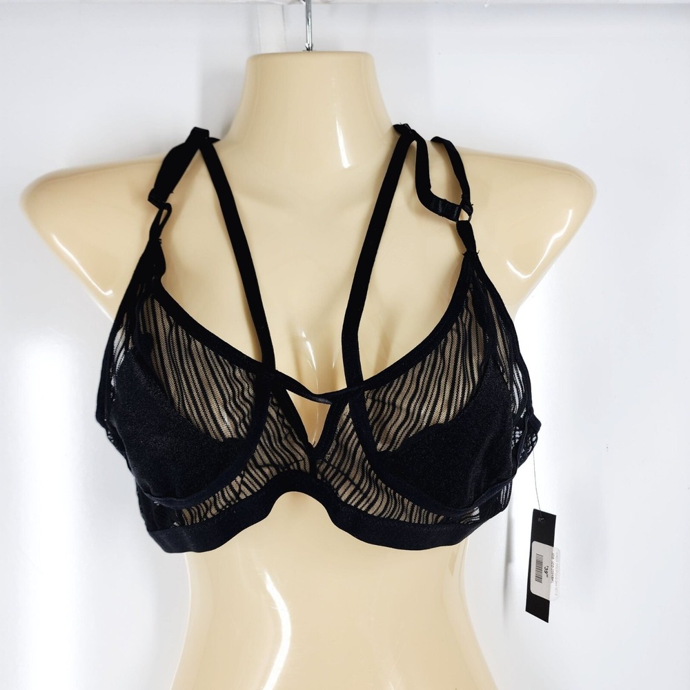 Hauty Bra Womens‎ Large Black Sheer Mesh Strappy Lingerie Underwire ICO-2004BKL